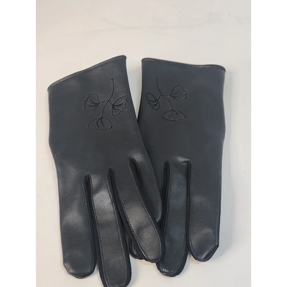 Vtg 1960s Black Vinyl Gloves Floral Embroidered Mod Japan Sz M 7.5-8.5 Pls Read
